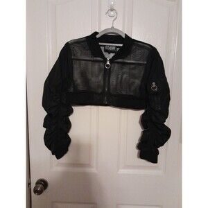 Y2k BSBW Women’s Small Crop Black Zip Up Mesh With Long Sleeve Rouch Jacket. B48